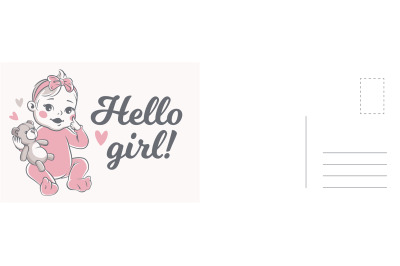 Hello girl card. Newborn child birthday party invitation and greeting,