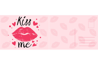 Kiss me card. Romantic postcard with sexy red lips, hearts and calligr