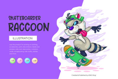 Cartoon raccoon skateboarder