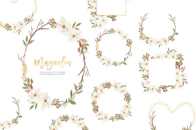 White Magnolia Flower Frame Clipart&2C; Magnolia Frame watercolor Clipart