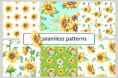 Watercolor sunflower and chamomile patterns