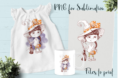 Halloween little witch sublimation. Design for printing.