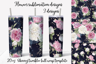 Flowers Peonies sublimation design. Skinny tumbler wrap design.