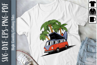 Beach Hippie Van Bus Surfboard Palm Tree