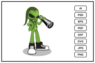 Green alien character wearing shoes, backpack and holding telescope de