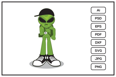 Green alien character wearing shoes, backpack and black hat design ill