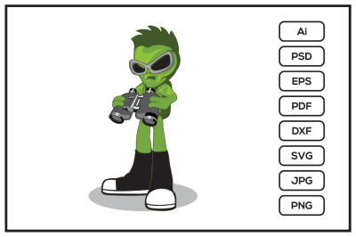 Green alien character wearing shoes, backpack and sunglass holding bin