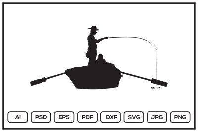 Fisherman fishing on the boat silhouette design illustration