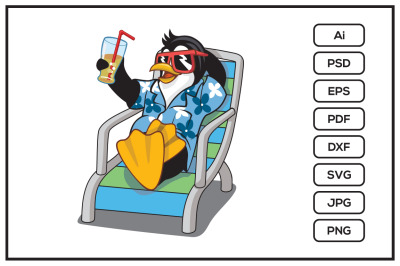 Penguin wearing awaiian shirt, sunglasses and sipping a drink on a lou