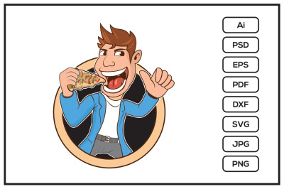 Man cartoon eating pepperoni pizza design illustration