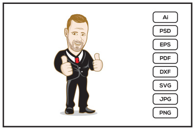 An adult bussiness man with beard and thumbs up cartoon character desi