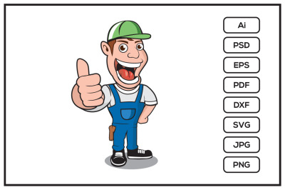 Funny worker smiling and &nbsp;wearing hat giving thumbs up cartoon design