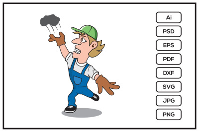 Funny worker tossing trash wearing hat cartoon design illustration