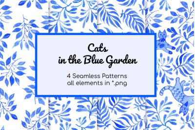 Cats in Blue Garden Patterns and Clipart watercolor set