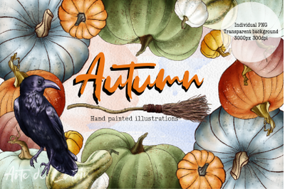 Hello Autumn Clipart, Halloween clipart, Leaves, Pumpkins