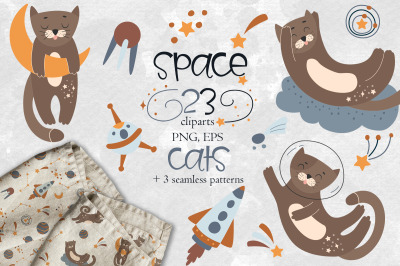 Space cat clipart Space Seamless Pattern Outerspace cute cat prints