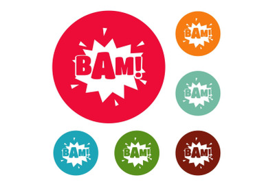 Comic boom bam icons circle set vector