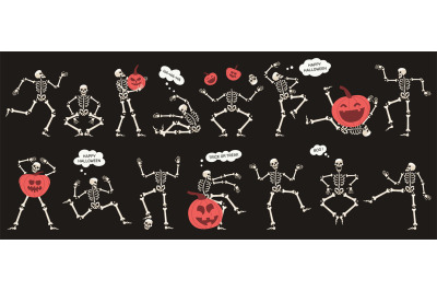 Halloween skeletons with pumpkins. Spooky halloween party skeletons ch