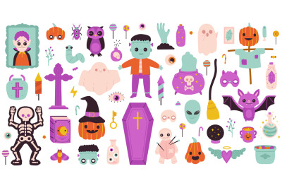 Spooky halloween symbols. Happy Halloween ghost, pumpkin, potion and c