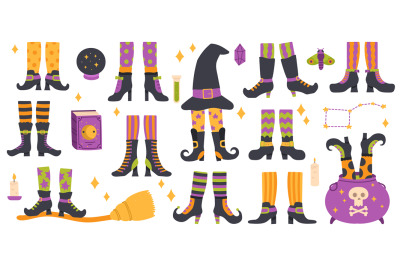 Halloween witch legs. Funny witch legs in striped socks and boots, wit