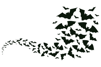 Flying halloween bats silhouettes. Bats flock flying wave&2C; vampire fly