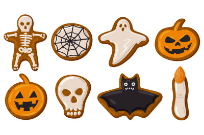 Cartoon Halloween spooky gingerbread cookies, pumpkin, skull and ghost