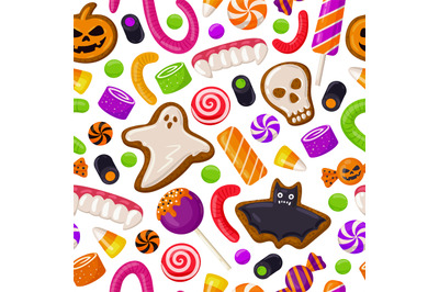 Halloween seamless background. Holiday sweets, lollipops and cookies p