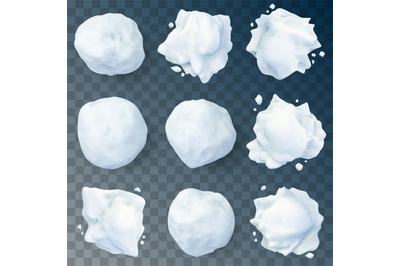 Realistic snow splats. Winter children games snowballs, Christmas holi