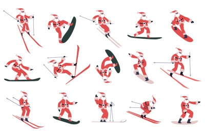 Snowboarding Santa Claus. Skiing, snowboarding sliding Santa mascots,