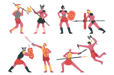 Fighting roman gladiators. Warlike armed greek warriors, roman battle