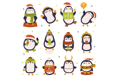 Christmas penguins. Cute holiday winter penguins wearing hat and scarf