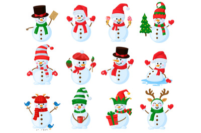 Cute Christmas snowmen. Cartoon winter holidays outdoor snowman