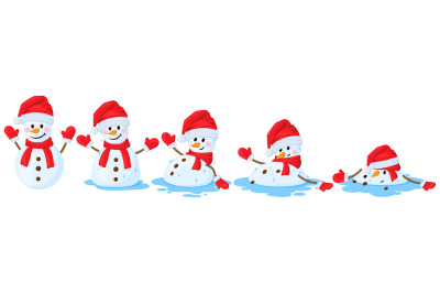 Cartoon melted snowman. Snowmen melting stages, winter funny melts sno