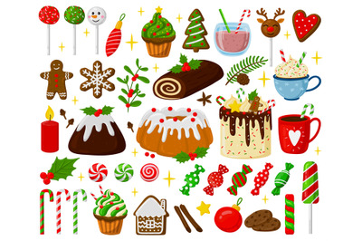 Christmas holiday sweets. Xmas gingerbread cookies, lollipops, pastry,