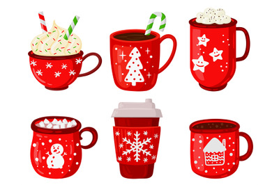 Holiday hot drinks. Christmas winter drinks, latte, cappuccino and hot