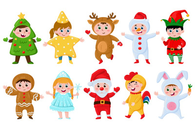 Kids in Christmas costumes. Cartoon children wearing funny carni