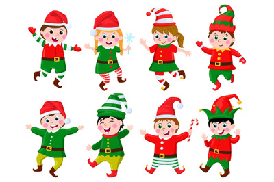 Children in elf costumes. Funny kids wearing Santa Claus helpers elves