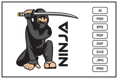 Ninja cartoon character holding samurai blade design illustration