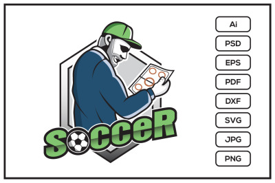 Soccer team logo with manager character design illustration