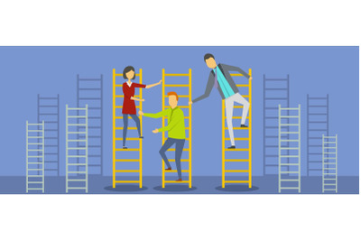 Teacher on stairs banner, flat style