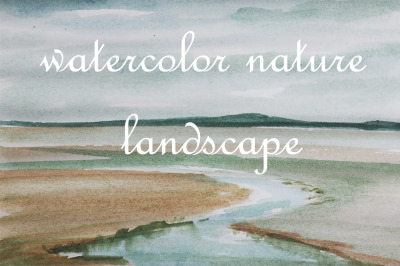 watercolor nature and landscape with river and hills. simple illustrat