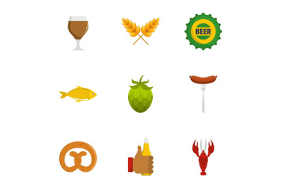 Beer snack icons set, flat style