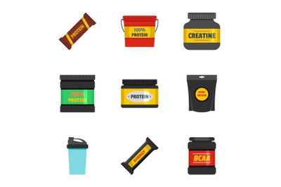 Sport supplement icons set, flat style