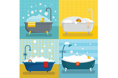 Bathtub foam shower banner concept set, flat style