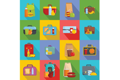 Lunchbox food icons set, flat style