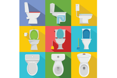 Toilet bowl icons set, flat style