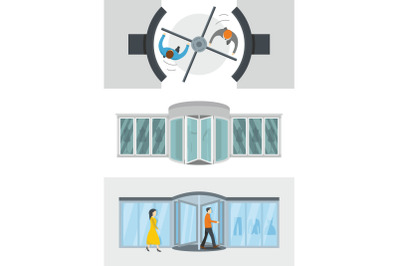 Revolving door banner concept set, flat style