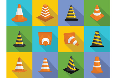 Traffic cone icons set, flat style