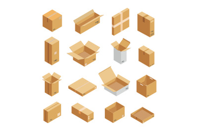 Parcel packaging box icons set, isometric style