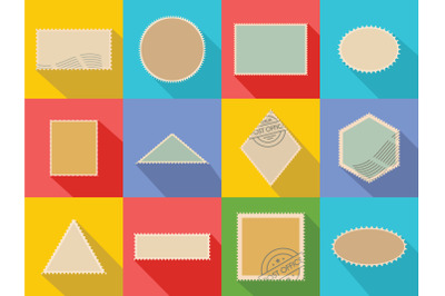 Postage stamp icons set, flat style